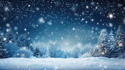 Snow-covered trees, starry skies, and gentle snowfall create a dreamy and enchanting atmosphere, serene and beautiful winter, holiday season, calmness, and tranquility, winter background, copy space