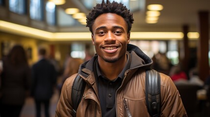 A confident young man, student, with curly hair stands in a well-lit hallway, school, university, wearing a jacket with a backpack .