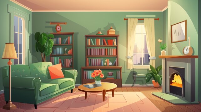 Cartoon living room interior with furniture and fireplace. Vector illustration of cozy light home with large windows, green sofa, floor lamp and books on table, pictures on wall. Modern house design