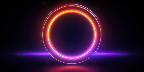 A luminous neon circle dominates the dark scene, its undulating lights.