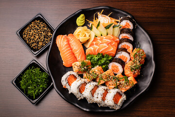 Photo of sushi dish and preparation of sushi for consumption and menu
