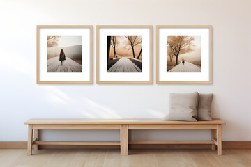 An photo of two empty wooden square frame mockups on white wall, in a farmhouse entryway and wooden bench near with them.