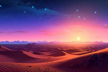 A picturesque desert landscape with rolling sand dunes and a beautiful sunrise background against a warm gradient starry sky. Generative AI - obrazy, fototapety, plakaty