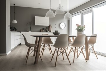 A modern and trendy dining area with a minimalist interior design. Generative AI