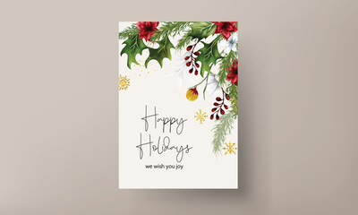 Christmas and new year card with watercolor Christmas flower and leaves
