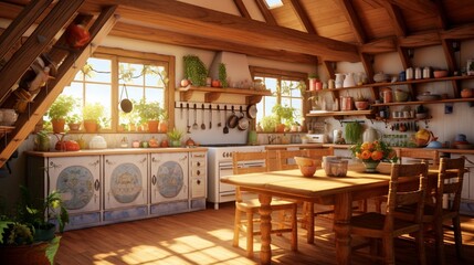 Cozy home kitchen interior with natural wooden ceiling and furniture and pottery kitchenware in sunlight