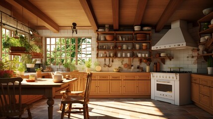 Cozy home kitchen interior with natural wooden ceiling and furniture and pottery kitchenware in...