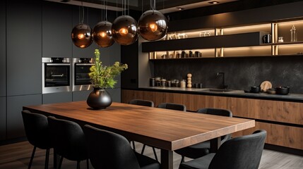 Dark and modern kitchen with black furniture, wooden details and ceiling lamps