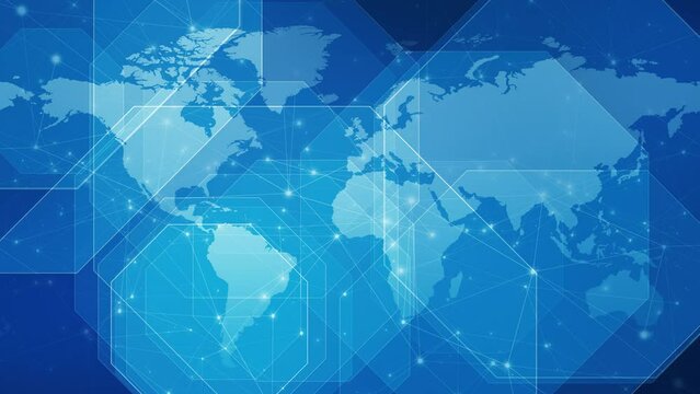 Worldwide network on blue world map unraveling science and technology behind global connections. Connected lines and dots on blue background for communication and global news