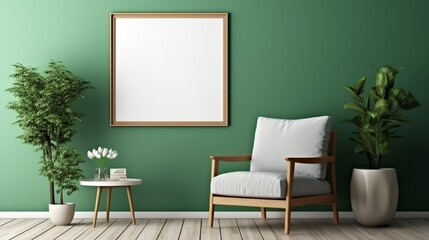Elegant living room interior design with mockup poster frame, modern frotte armchair, wooden commode and stylish accessories. Green eucalyptus wall. Template. Copy space.