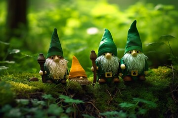 Toy Irish gnomes in a mystery forest, abstract green natural background.
