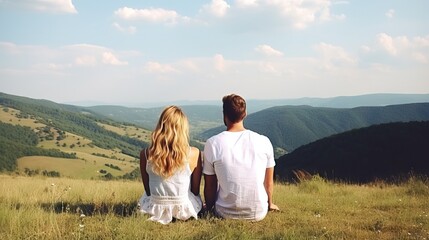 Fototapeta na wymiar couple a man and a woman sit together bowing their heads on their shoulders and looking into the distance at a beautiful view relationships outdoor recreation dream travel family Carpathian Mountains