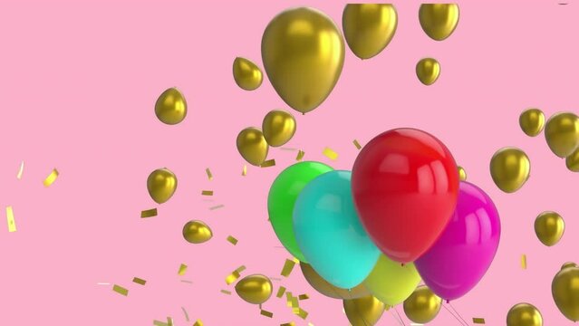 Animation of multi coloured balloons with copy space over pink background