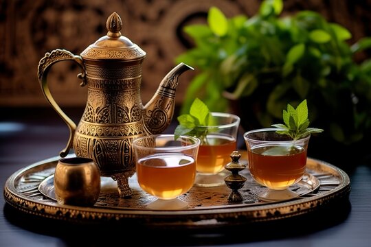 Traditional Moroccan tea set with decorative teapots, glasses, and mint leaves.