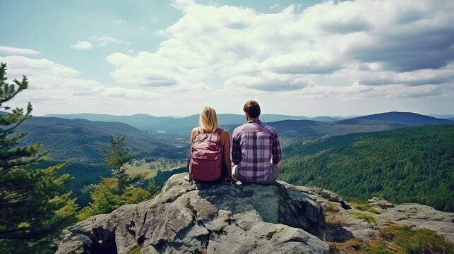couple a man and a woman sit together bowing their heads on their shoulders and looking into the distance at a beautiful view relationships outdoor recreation dream travel family Carpathian Mountains