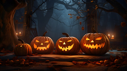 Halloween Carved Pumpkins on wooden table. Holiday background