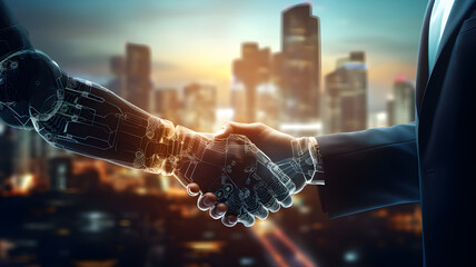 business man and robot handshake for successful of investment deal and city night background - obrazy, fototapety, plakaty