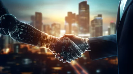 Foto op Canvas business man and robot handshake for successful of investment deal and city night background © wiparat