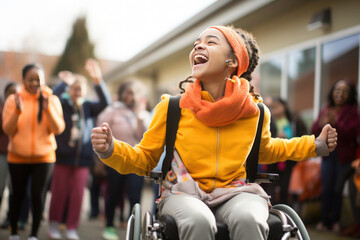 A girl with physical disabilities, seated in her wheelchair, celebrates a victory with enthusiastic gestures. She is overjoyed, either for herself or someone else. - obrazy, fototapety, plakaty
