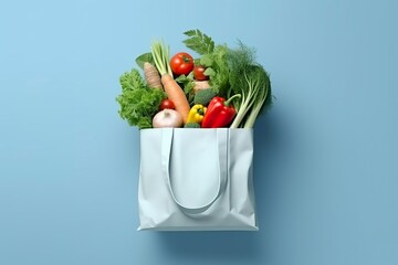 Grocery full bag. white shopping bag with vegetables in light blue background.