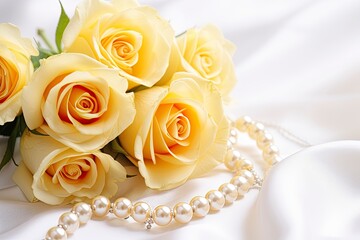 Obraz na płótnie Canvas Yellow roses bouquet and pearls,in white background.