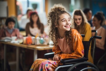 A dreamy schoolgirl with wavy hair smiles happily while looking at someone. She is sitting in a wheelchair in a school cafeteria. - obrazy, fototapety, plakaty