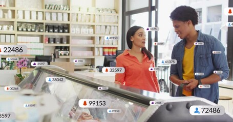 Animation of social media data processing over diverse people in grocery store - Powered by Adobe