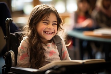  happy schoolgirl sits in a wheelchair at school and is learning.