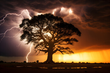 lightning storm strikes tree in the park at sunset