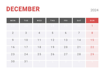 Monthly page Calendar Planner Templates of December 2024. Vector layout of simple calendar with week start Monday for print. Page for size A4 or 21x29.7 cm