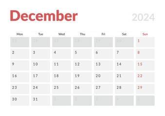 Monthly page Calendar Planner Templates of December 2024. Vector layout of simple calendar with week start Monday for print. Page for size A4 or 21x29.7 cm