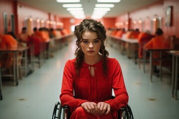Obraz premium girl in a red dress with a stern expression is sitting in a wheelchair in a corridor amidst tables where people are eating.
