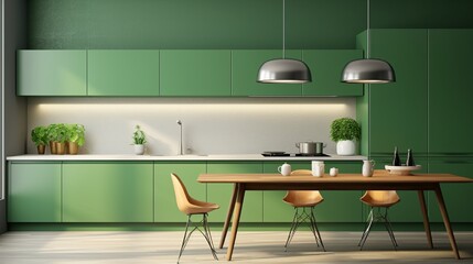 Green kitchen and minimalist interior design.3d rendering