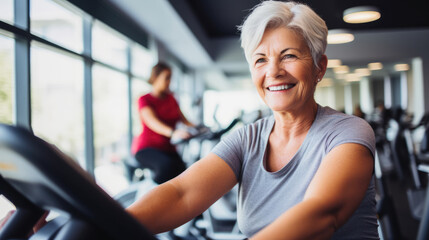Fototapeta na wymiar Older woman smiling while exercising at the gym to stay healthy in her senior years
