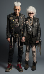 Old punk rock couple posing in their leather jackets and spiked hair