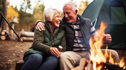 Senior retired couple laughing and talking while cuddling by a campfire in the outdoors