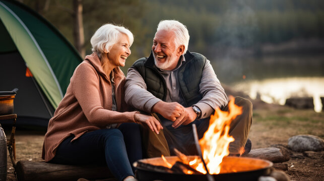 Senior retired couple laughing and talking while cuddling by a campfire in the outdoors