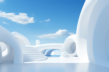 The abstract architecture design of blue an white unrealistic walls and buildings on a blue sky background. Modern heaven paradise. Generative AI.