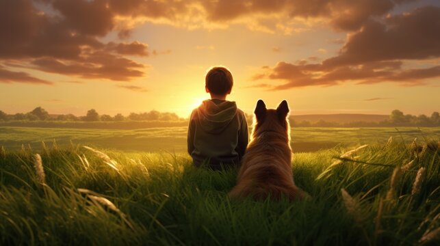 friendship concept picture of a boy and a dog relaxing at a natural green field sunset.