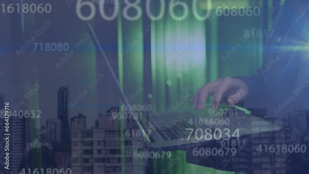 Poster animation of data processing over man using laptop by computer servers