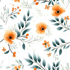 Seamless pattern Orange flowers and leaves swirling isolated on a white background , water color