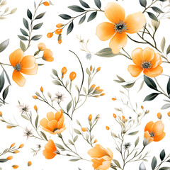 Seamless pattern Orange flowers and leaves swirling isolated on a white background , water color