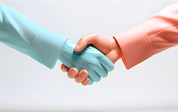 handshake between 2 colleagues, 3d cartoon concept illustration in the style of blue and pink cartoonish simplicity isolated on white background