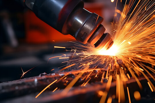 close up of welding torch in action with sparks, fusing metal