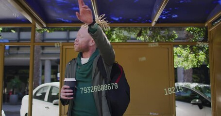 Animation of social media data processing over albino man in city - Powered by Adobe