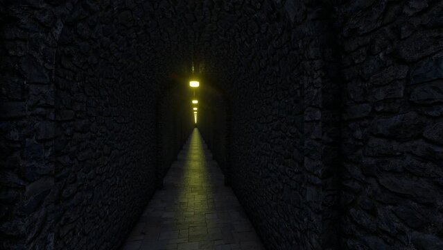 3d animation of walking in a scary underground castle hallway