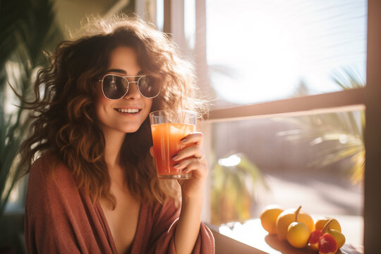 Confident Woman, Embracing Her Body Positivity, Holds A Refreshing Glass Of Juice In Her Hand