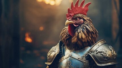 A chicken in medieval knights armor,  defending honor with valor - obrazy, fototapety, plakaty