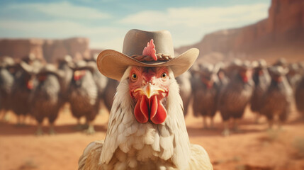 A chicken in a cowboy hat and lasso,  herding cattle in the Old West - obrazy, fototapety, plakaty