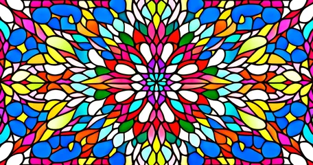 Foto op Plexiglas brightly colored symmetrical floral stained glass pattern background wallpaper © EliasKelly